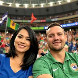 A woman in a blue shirt and a man in a green shirt sitting in a stadium