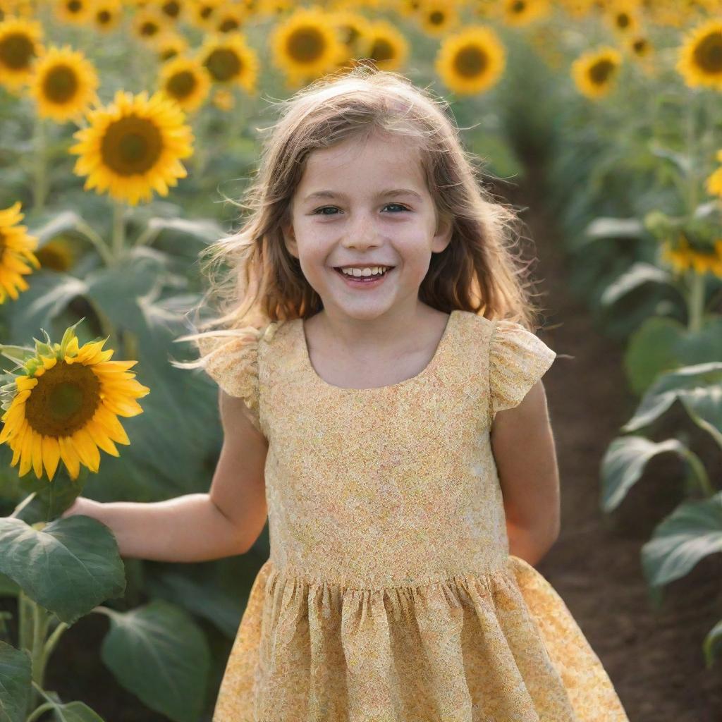 A young, lively girl with sparkling eyes and a cheerful smile. She is wearing a summer dress and playing in a field of sunflowers.