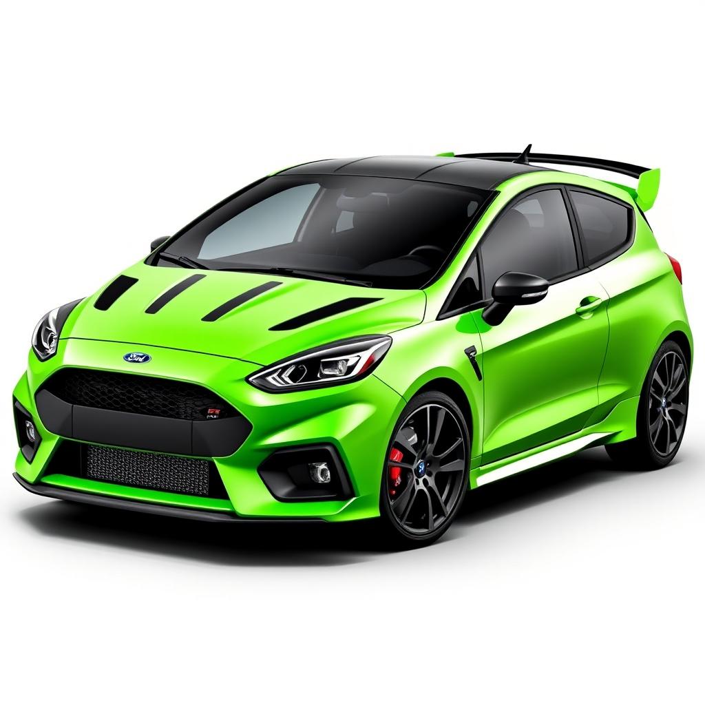 A sleek AWD 2-door hatchback coupe inspired by the 2024 Ford Fiesta ST design, featuring the distinctive front and rear bumper design of the 2018 Focus RS