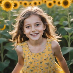 A young, lively girl with sparkling eyes and a cheerful smile. She is wearing a summer dress and playing in a field of sunflowers.