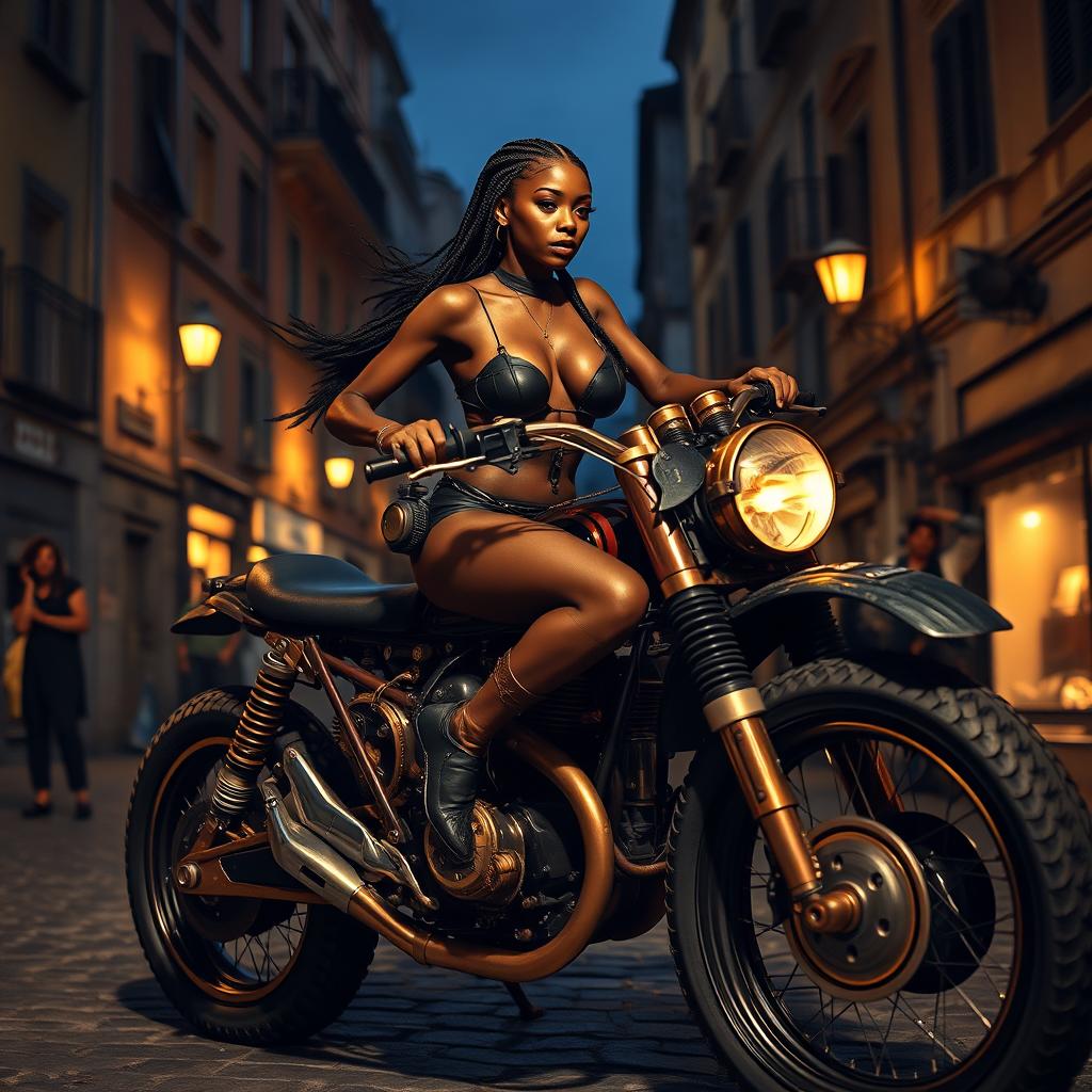 A vibrant steampunk night scene in old Naples, capturing a skinny black girl with long legs and braided hair, accentuating her large breasts