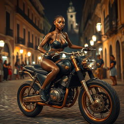 A vibrant steampunk night scene in old Naples, capturing a skinny black girl with long legs and braided hair, accentuating her large breasts