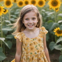 A young, lively girl with sparkling eyes and a cheerful smile. She is wearing a summer dress and playing in a field of sunflowers.