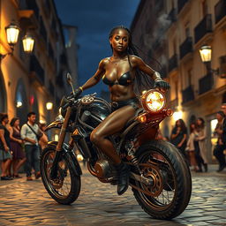 A vibrant steampunk scene in old Naples at night, featuring a skinny black girl with long legs and braided hair