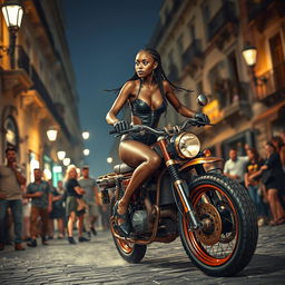 A vibrant steampunk scene in old Naples at night, featuring a skinny black girl with long legs and braided hair