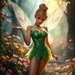 A sensual and alluring interpretation of Tinkerbell, with sparkling green fairy dress, shimmering translucent wings, and an enchanting pose