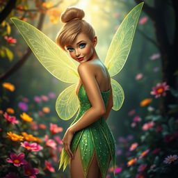 A sensual and alluring interpretation of Tinkerbell, with sparkling green fairy dress, shimmering translucent wings, and an enchanting pose