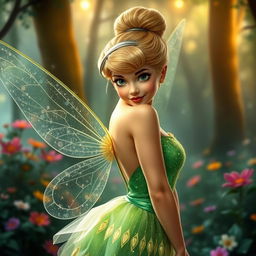 A sensual and alluring interpretation of Tinkerbell, with sparkling green fairy dress, shimmering translucent wings, and an enchanting pose