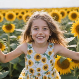 A young, lively girl with sparkling eyes and a cheerful smile. She is wearing a summer dress and playing in a field of sunflowers.