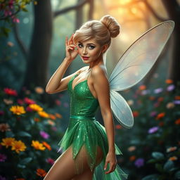 A sensual and alluring interpretation of Tinkerbell, with sparkling green fairy dress, shimmering translucent wings, and an enchanting pose