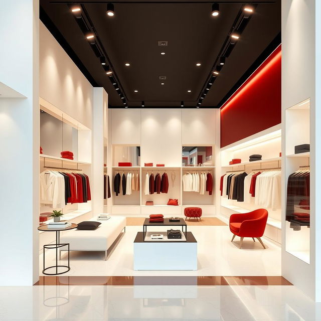 A women's boutique interior design within a shopping center, featuring a minimalist and elegant style