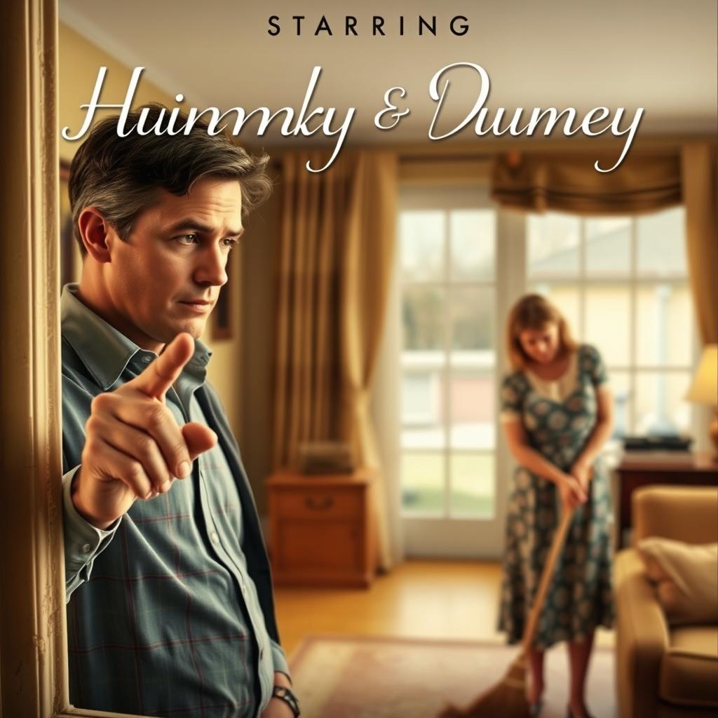 A movie poster depicting a domestic scene where a husband is checking for dust on a window sill with his finger in the foreground