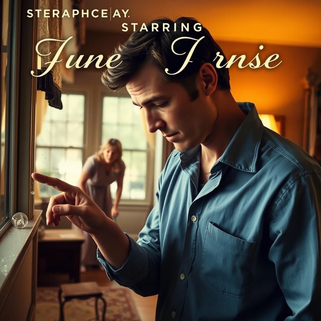 A movie poster depicting a domestic scene where a husband is checking for dust on a window sill with his finger in the foreground