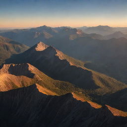 A breathtaking panorama of a serene mountain range under the orange glow of sunset, casting shadows over the valleys and highlighting the peaks.