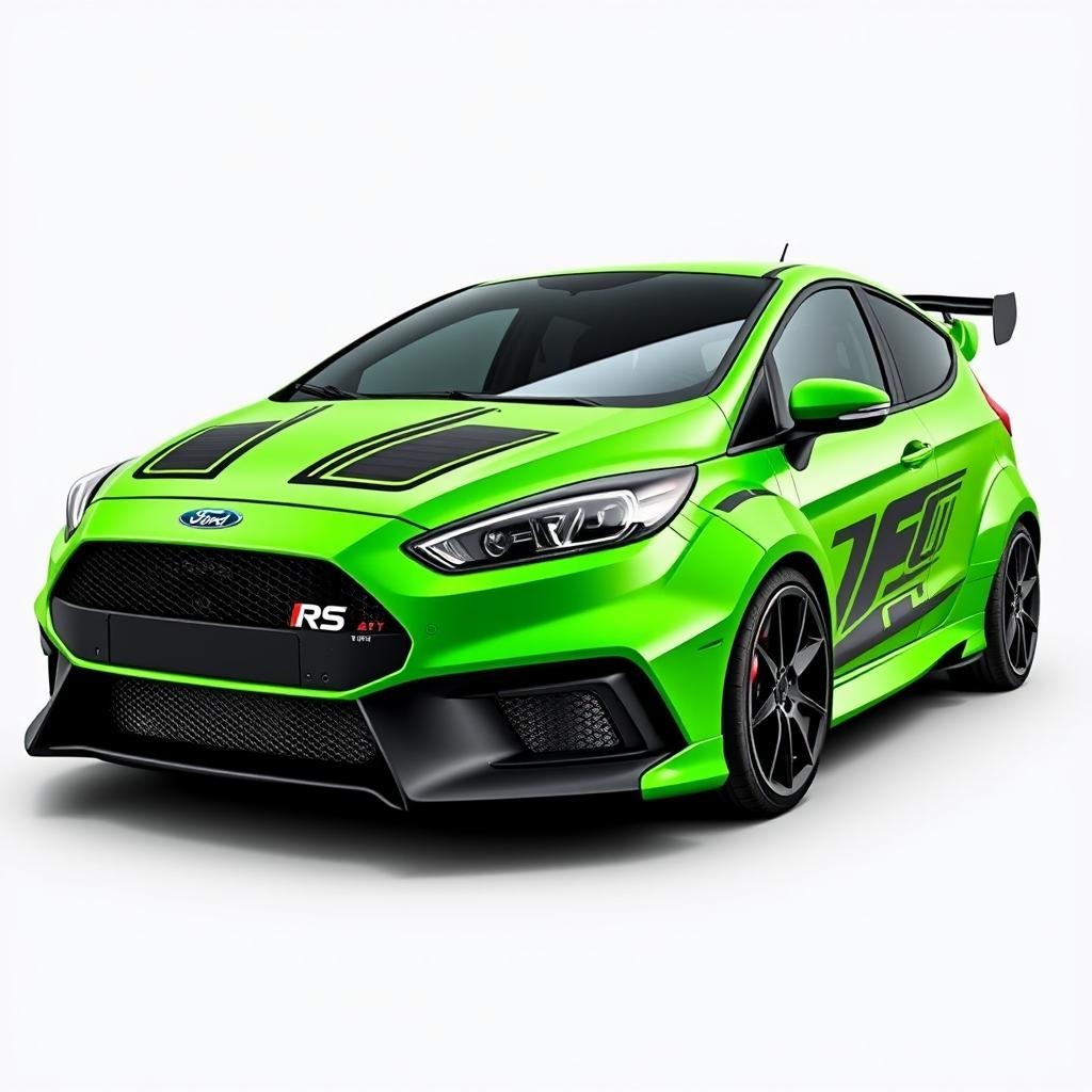 A sleek AWD 2-door hatchback coupe inspired by the 2024 Ford Fiesta ST design, featuring the distinctive front and rear bumper design of the 2018 Focus RS