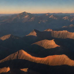 A breathtaking panorama of a serene mountain range under the orange glow of sunset, casting shadows over the valleys and highlighting the peaks.