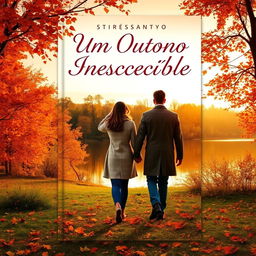 “Um Outono Inesquecível” book cover design, featuring a romantic scene set in a picturesque autumn landscape