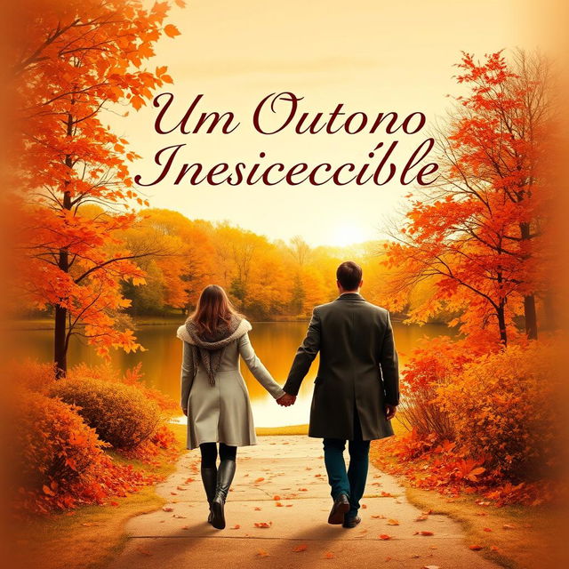 “Um Outono Inesquecível” book cover design, featuring a romantic scene set in a picturesque autumn landscape