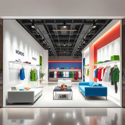 A women's boutique interior design within a shopping center, characterized by a minimalist and elegant style