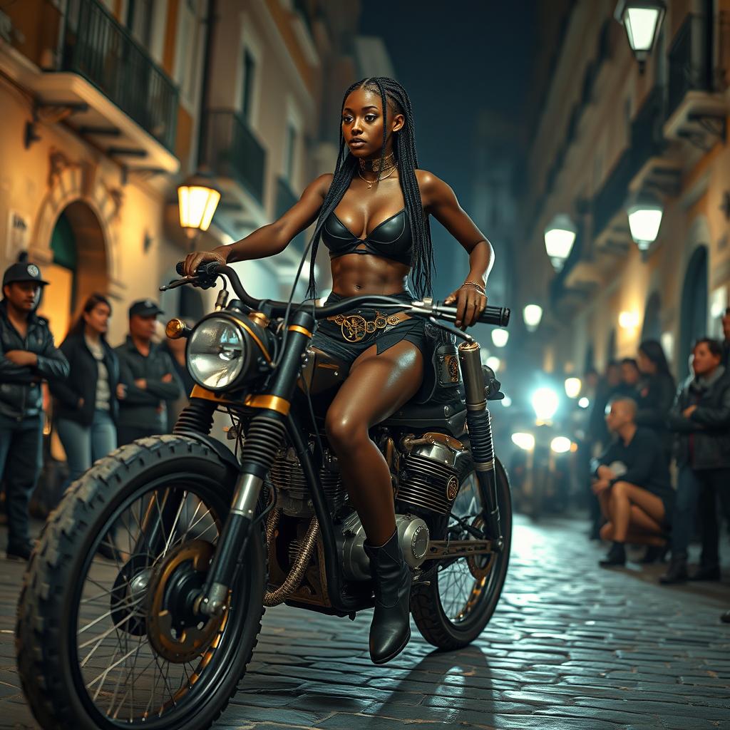 A cinematic steampunk scene set in old Naples at night showcases a skinny black girl with braided hair, long legs, and larger breasts