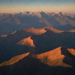 A breathtaking panorama of a serene mountain range under the orange glow of sunset, casting shadows over the valleys and highlighting the peaks.