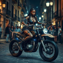 A cinematic steampunk scene set in old Naples at night showcases a skinny black girl with braided hair, long legs, and larger breasts