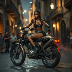 A cinematic steampunk scene set in old Naples at night showcases a skinny black girl with braided hair, long legs, and larger breasts