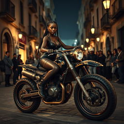 A cinematic steampunk scene set in old Naples at night showcases a skinny black girl with braided hair, long legs, and larger breasts