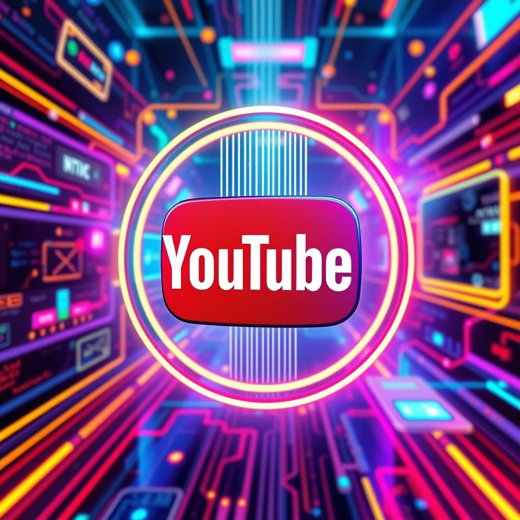 a vibrant and dynamic YouTube logo, set against a futuristic digital background, with vivid colors and glowing neon accents, featuring elements of technology like circuit patterns, screens, and digital symbols, creating a sense of connectivity and modern innovation