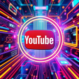 a vibrant and dynamic YouTube logo, set against a futuristic digital background, with vivid colors and glowing neon accents, featuring elements of technology like circuit patterns, screens, and digital symbols, creating a sense of connectivity and modern innovation