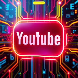 a vibrant and dynamic YouTube logo, set against a futuristic digital background, with vivid colors and glowing neon accents, featuring elements of technology like circuit patterns, screens, and digital symbols, creating a sense of connectivity and modern innovation