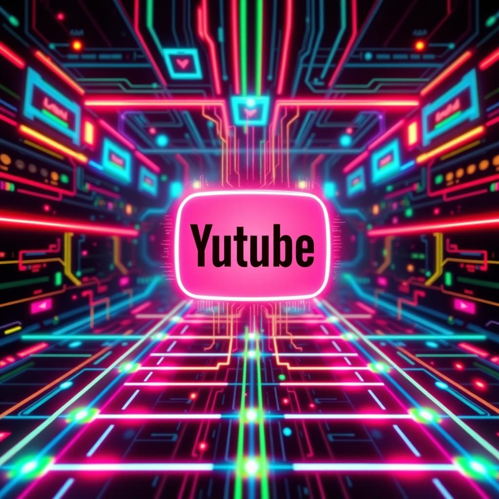 a vibrant and dynamic YouTube logo, set against a futuristic digital background, with vivid colors and glowing neon accents, featuring elements of technology like circuit patterns, screens, and digital symbols, creating a sense of connectivity and modern innovation