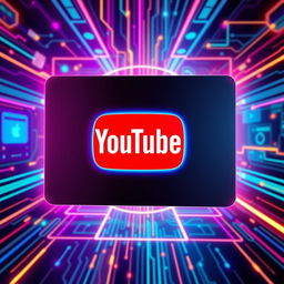 a vibrant and dynamic YouTube logo, set against a futuristic digital background, with vivid colors and glowing neon accents, featuring elements of technology like circuit patterns, screens, and digital symbols, creating a sense of connectivity and modern innovation