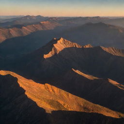 A breathtaking panorama of a serene mountain range under the orange glow of sunset, casting shadows over the valleys and highlighting the peaks.