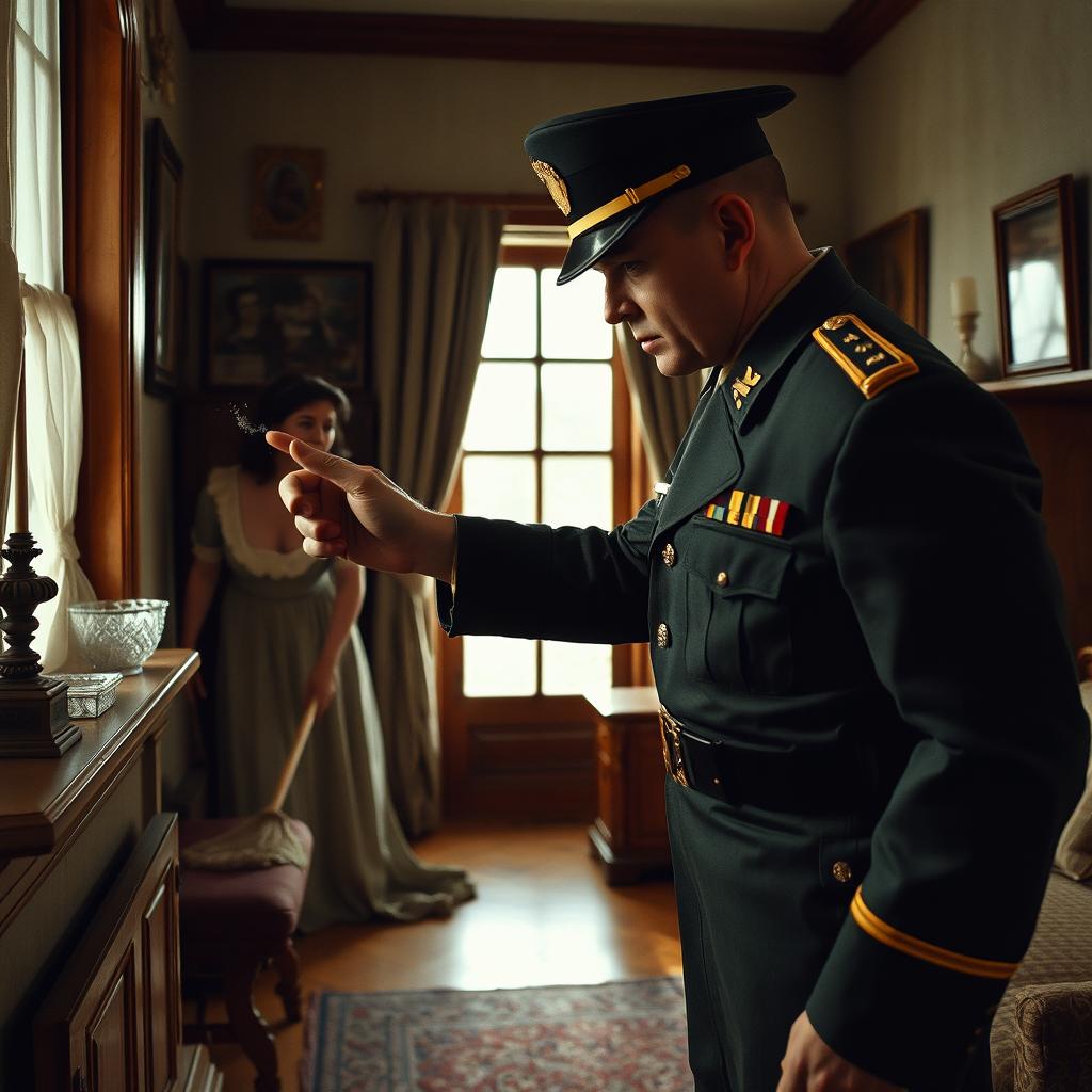 A scene depicting a military officer in uniform inspecting dust on a windowsill with his finger, his expression stern and authoritative