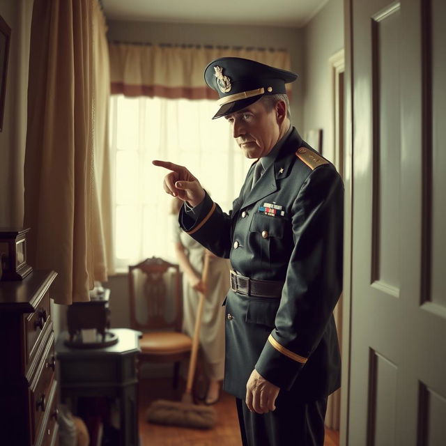 A scene depicting a military officer in uniform inspecting dust on a windowsill with his finger, his expression stern and authoritative