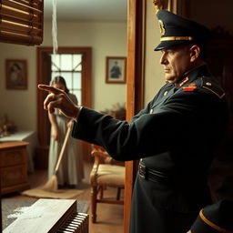 A scene depicting a military officer in uniform inspecting dust on a windowsill with his finger, his expression stern and authoritative