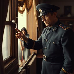 A scene depicting a military officer in uniform inspecting dust on a windowsill with his finger, his expression stern and authoritative