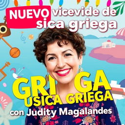 a vibrant and colorful YouTube thumbnail featuring bold text that says 'NUEVO video de musica griega con Judith Magallanes'