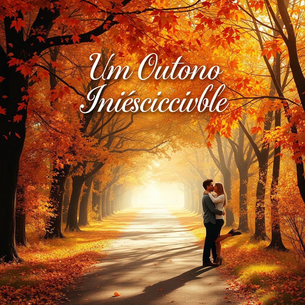 Captivating book cover design for “Um Outono Inesquecível,” featuring a romantic scene in a dreamy autumn setting