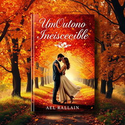 Captivating book cover design for “Um Outono Inesquecível,” featuring a romantic scene in a dreamy autumn setting