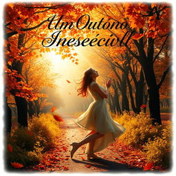 Captivating book cover design for “Um Outono Inesquecível,” featuring a romantic scene in a dreamy autumn setting