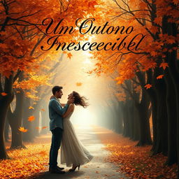 Captivating book cover design for “Um Outono Inesquecível,” featuring a romantic scene in a dreamy autumn setting