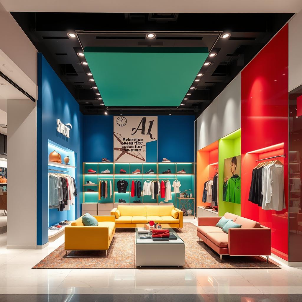 A women's boutique interior design within a shopping center, featuring a sporty and elegant style