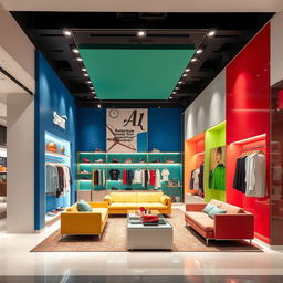 A women's boutique interior design within a shopping center, featuring a sporty and elegant style