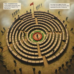 A detailed illustration of a Chakravyuha, an ancient Indian military formation, portrayed as a spiral labyrinth