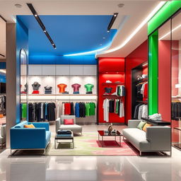 A women's boutique interior design within a shopping center, featuring a sporty and elegant style