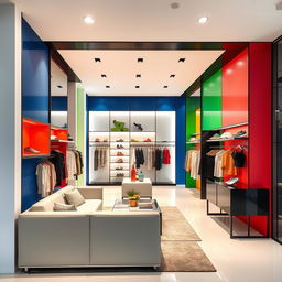 A women's boutique interior design within a shopping center, featuring a sporty and elegant style