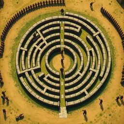 A detailed illustration of a Chakravyuha, an ancient Indian military formation, portrayed as a spiral labyrinth