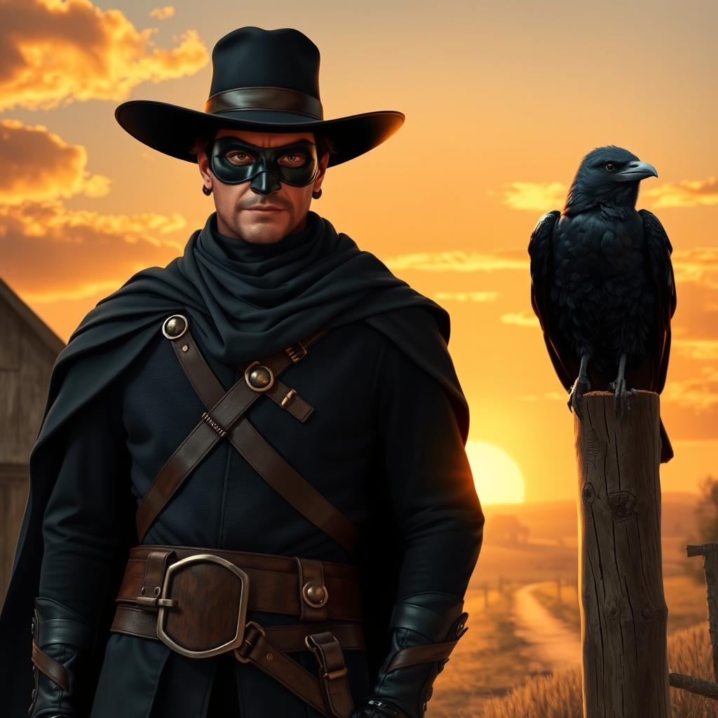 A respectful Zorro standing confidently in the foreground, wearing a classic black mask and a wide-brimmed hat, with a long flowing cape